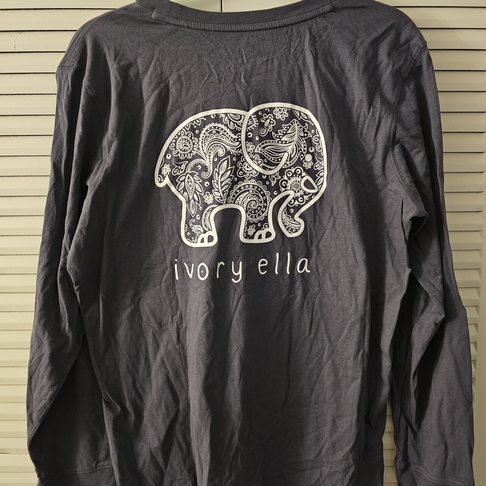 Ivory Ella Navy Long Sleeve Shirt with White Paisley Elephant - Size Large